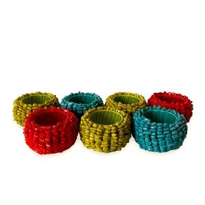 Set of 7 Red, Green, and Turquoise Dyed Coral Chip Beaded Napkin Rings